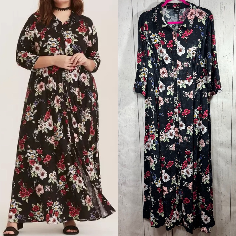 Torrid Black and Pink Ruffled Tiered Gown